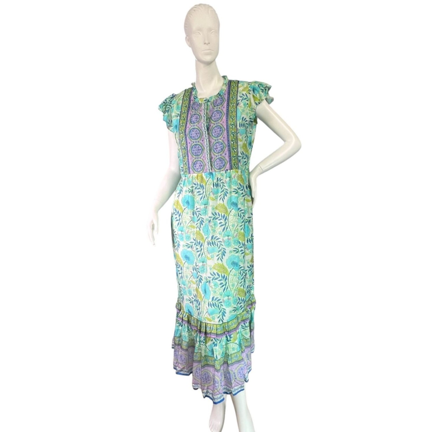 Bella Tu Poppy Midi Dress 48" Cap Sleeve In Turquoise Floral $315 Size Small